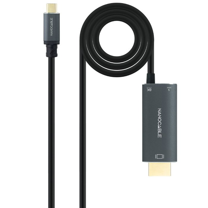 Nanocable Conversor USB-C a HDMI 2.1 8K con Carga USB-C PD 100W, 1.8m, Negro